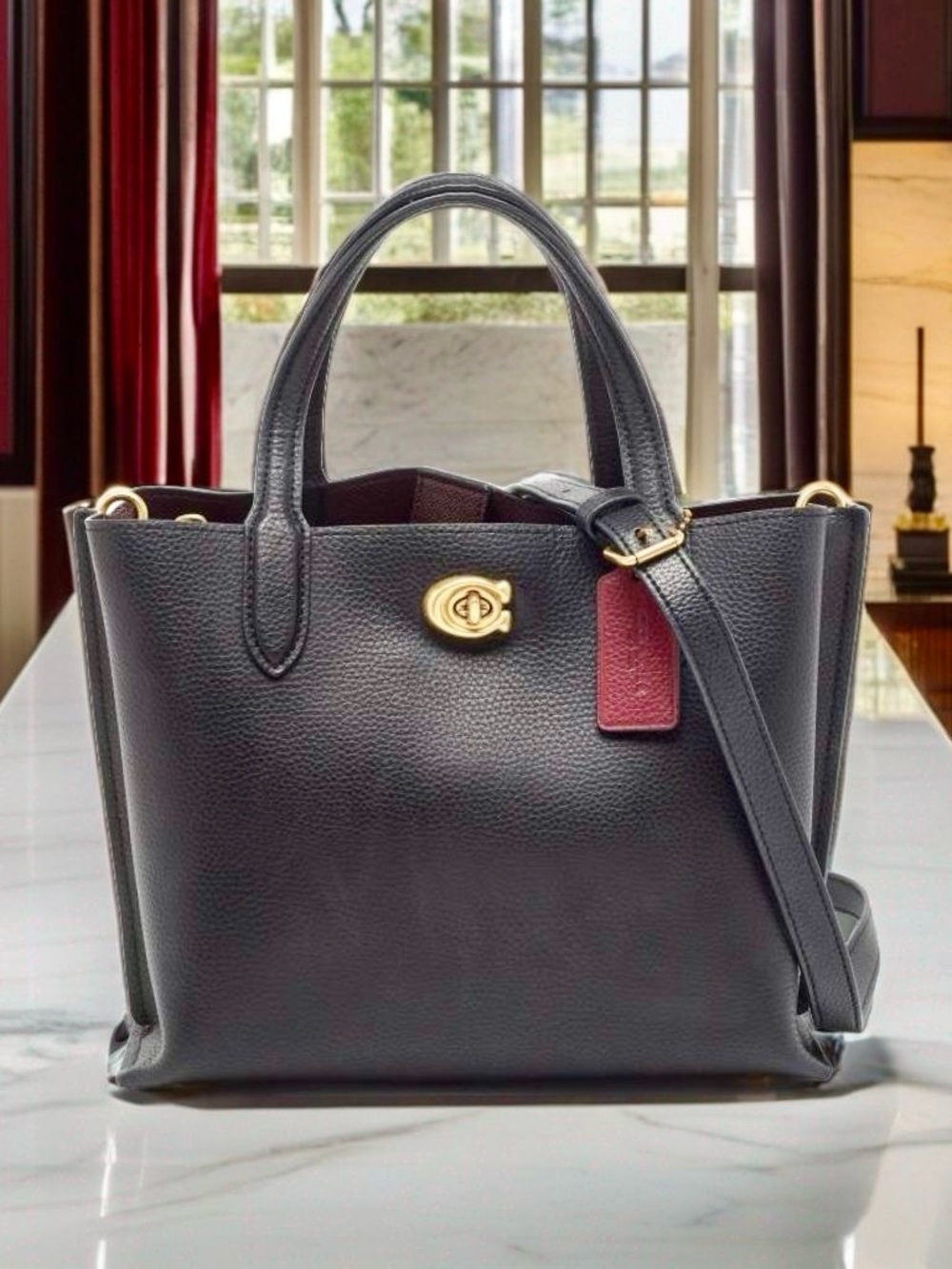 COACH Willow 24 Tote Bag – Black Polished Pebble Leather - Picture 1 of 8